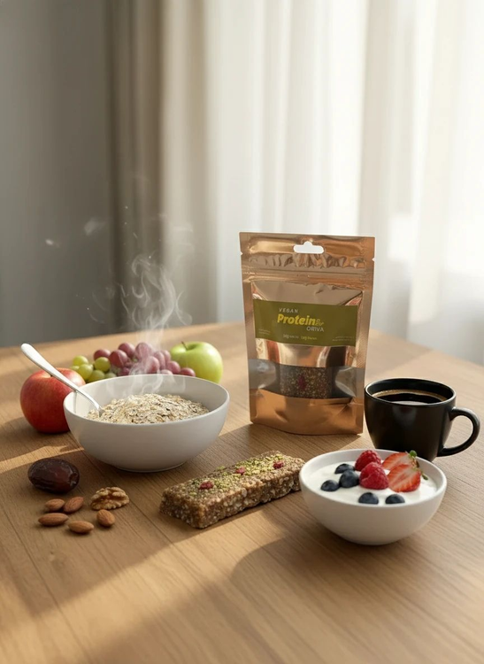 پروتئینبار اوریوا با ترکیبات گیاهی شامل خرما، جو دوسر و پروتئین سویا